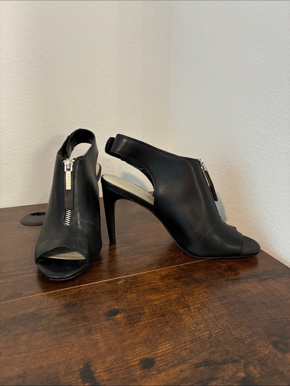 Black Peep-Toe Slingback Heels with Front Zip